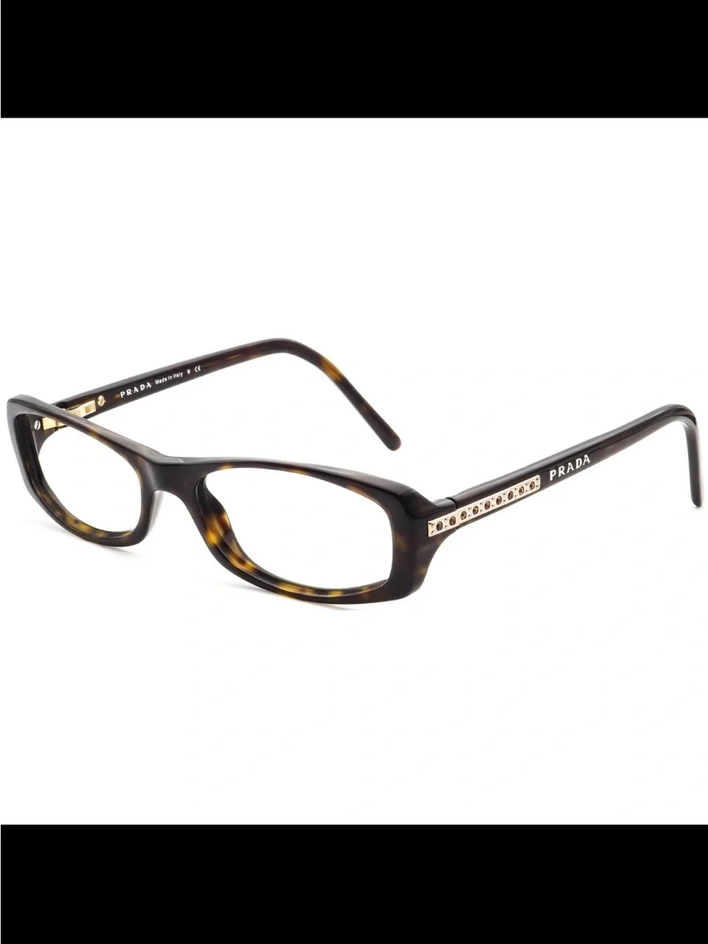 Prada Brown Tortoiseshell Rectangular Women's Glasses with Gold Accents